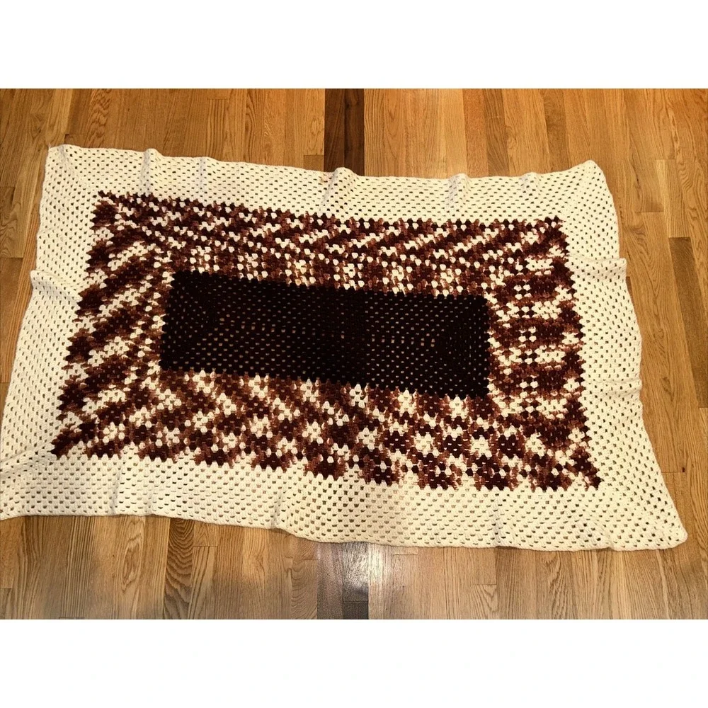 Handmade Afghan Lap Throw Crochet Blanket Brown Cream Variation 61x39 Boho Retro